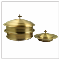 2 Communion Trays with Lid & Stacking Bread Plate with Lid - Brass Matte Finish