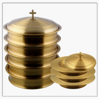 5 Communion Trays with Lid & 3 Stacking Bread Plates with Lid - Brass Matte Finish